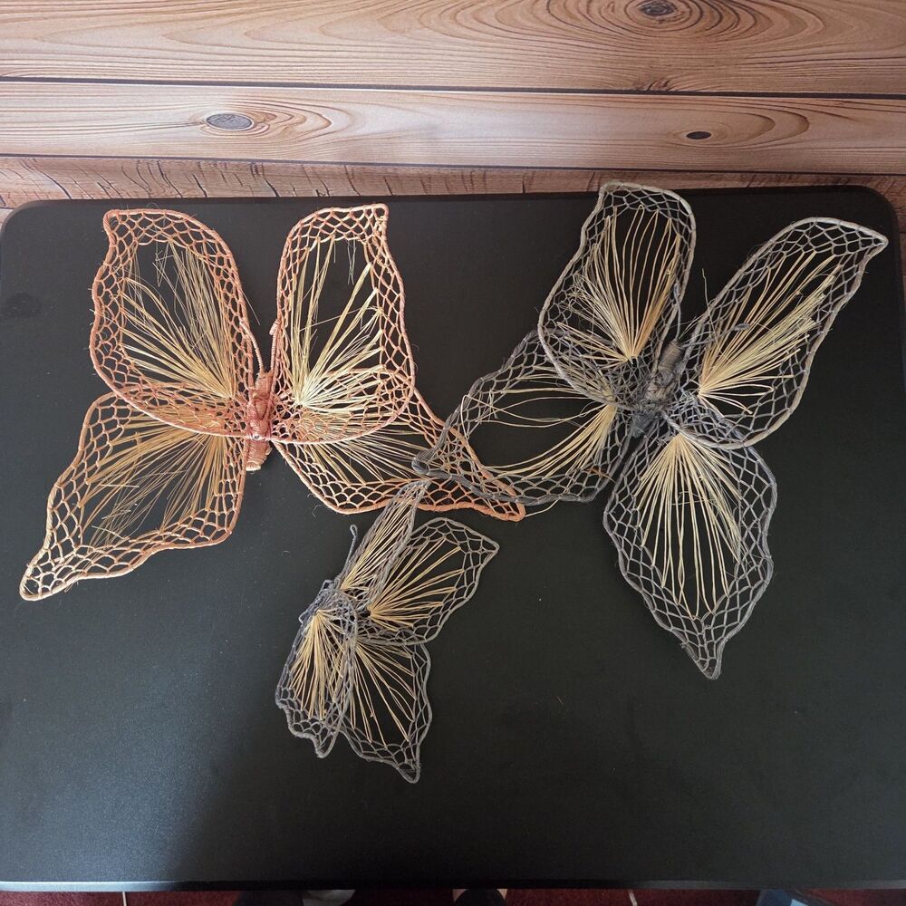 3 Vtg Straw Woven Wire Butterflies Wall Art Boho